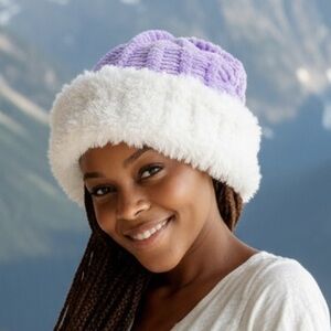 ScottyB Collection Cozy Purple and White Faux Fur Knit Hat